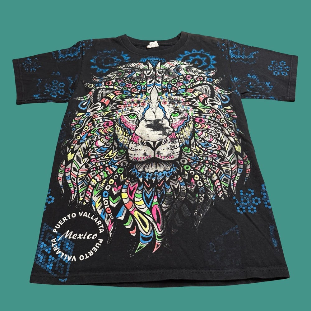 Puerto Vallarta Mexico Lion AOP T Shirt Small Black Graffiti Pop Art Graphic